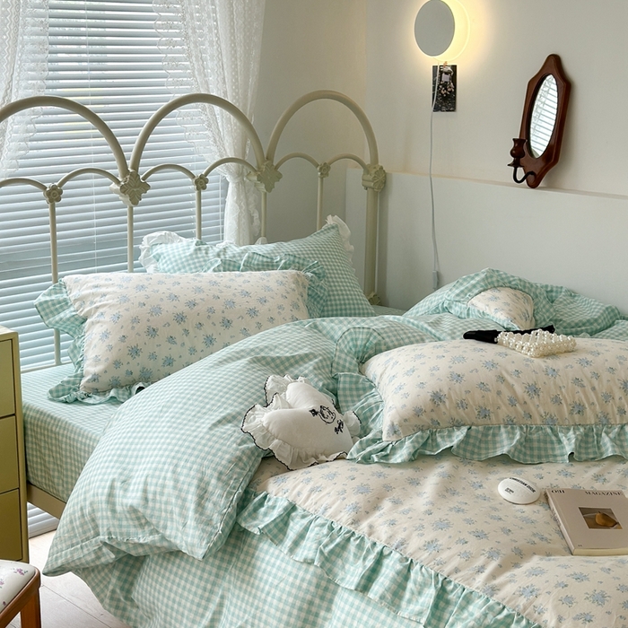 91家纺网 家纺一手货源 找家纺 昔可家纺 2023新款拼接花边款全棉四件套 蓝风眠谷