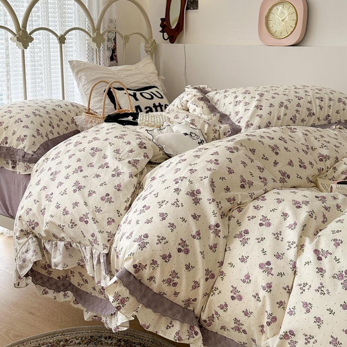 91家纺网 家纺一手货源 找家纺 昔可家纺 2023新款双层蕾丝花边款四件套 紫色小玫瑰