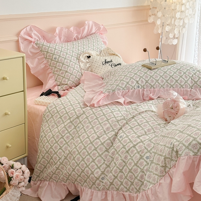 91家纺网 家纺一手货源 找家纺 昔可家纺 2023新款韩式大花边全棉四件套 樱花可可