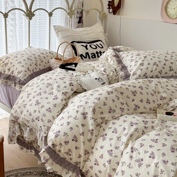 91家纺网 家纺一手货源 找家纺 昔可家纺 2023新款双层蕾丝花边款四件套 紫色小玫瑰