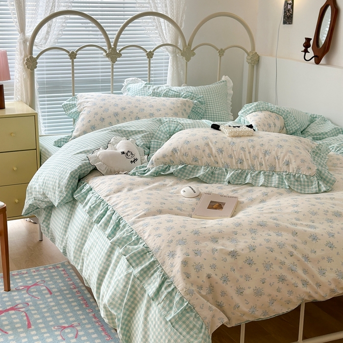 91家纺网 家纺一手货源 找家纺 昔可家纺 2023新款拼接花边款全棉四件套 蓝风眠谷