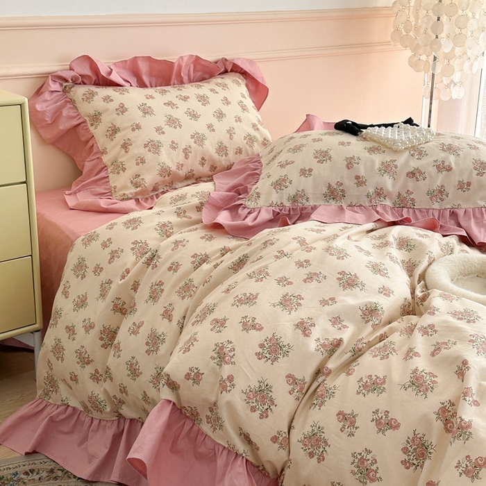 91家纺网 家纺一手货源 找家纺 昔可家纺 2023新款韩式大花边全棉四件套 蔷薇缇露