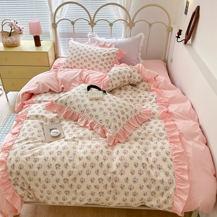 91家纺网 家纺一手货源 找家纺 昔可家纺 2023新款拼接花边款全棉四件套 花神秘境