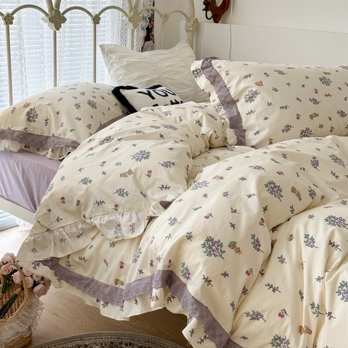 91家纺网 家纺一手货源 找家纺 昔可家纺 2023新款双层蕾丝花边款四件套 蓝莓熊