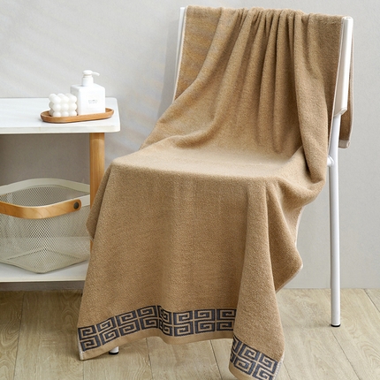 91家纺网 家纺一手货源 找家纺 朴尔家纺 2023新款全棉32股民族风长城格加厚毛巾浴巾方巾三件套组合 长城格-棕色（70*140cm浴巾）