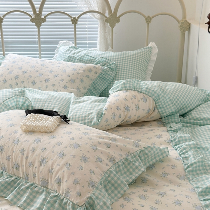 91家纺网 家纺一手货源 找家纺 昔可家纺 2023新款拼接花边款全棉四件套 蓝风眠谷