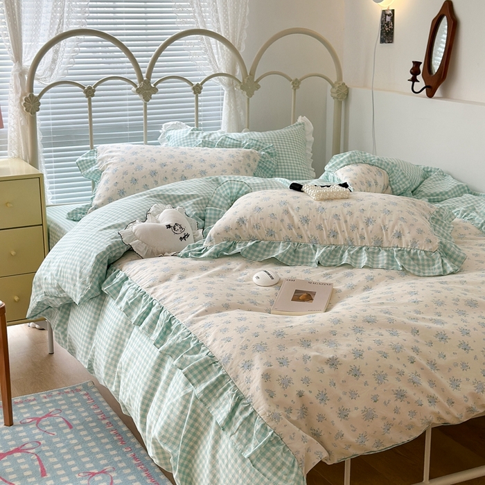 91家纺网 家纺一手货源 找家纺 昔可家纺 2023新款拼接花边款全棉四件套 蓝风眠谷