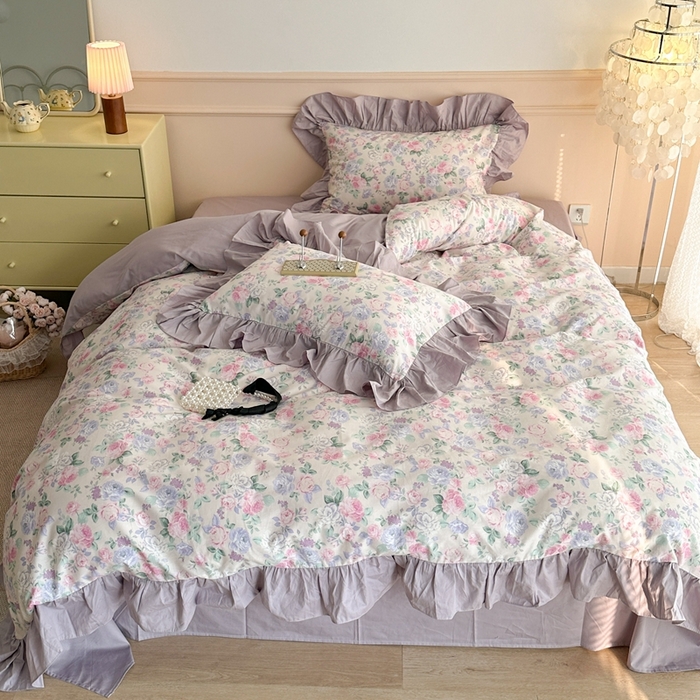 91家纺网 家纺一手货源 找家纺 昔可家纺 2023新款韩式大花边全棉四件套 梨花小调