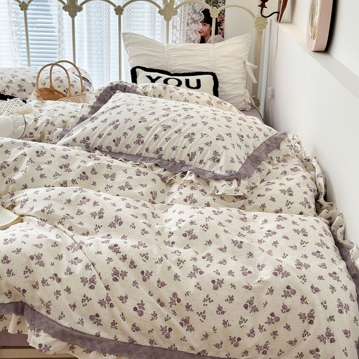 91家纺网 家纺一手货源 找家纺 昔可家纺 2023新款双层蕾丝花边款四件套 紫色小玫瑰