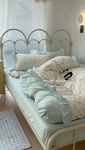 91家纺网 家纺一手货源 找家纺 昔可家纺 2023新款拼接花边款全棉四件套 蓝风眠谷