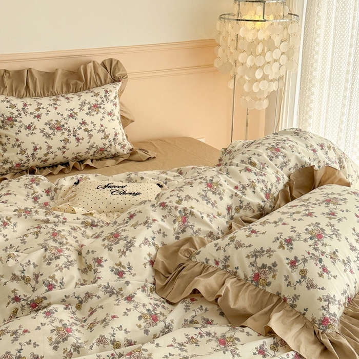 91家纺网 家纺一手货源 找家纺 昔可家纺 2023新款韩式大花边全棉四件套 月半花开