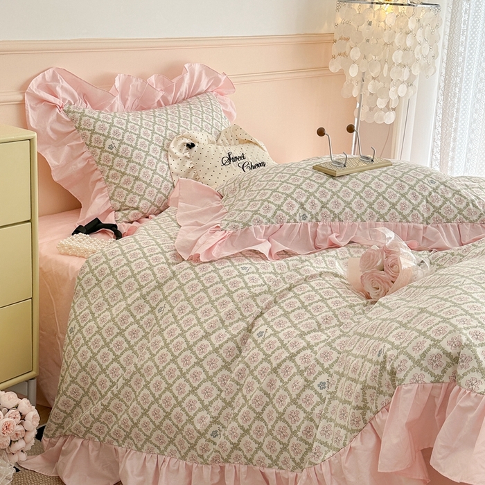 91家纺网 家纺一手货源 找家纺 昔可家纺 2023新款韩式大花边全棉四件套 樱花可可