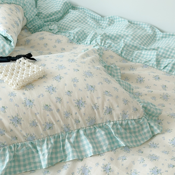 91家纺网 家纺一手货源 找家纺 昔可家纺 2023新款拼接花边款全棉四件套 蓝风眠谷