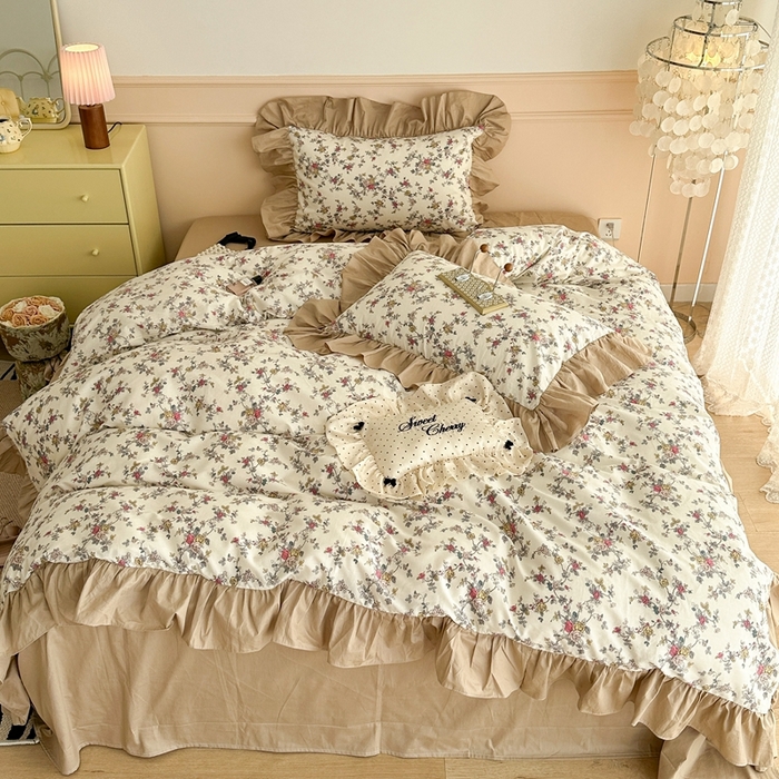 91家纺网 家纺一手货源 找家纺 昔可家纺 2023新款韩式大花边全棉四件套 月半花开