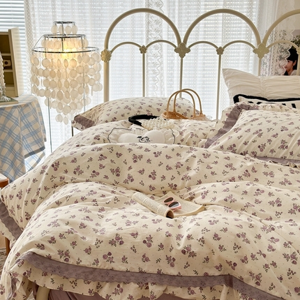 91家纺网 家纺一手货源 找家纺 昔可家纺 2023新款双层蕾丝花边款四件套 紫色小玫瑰