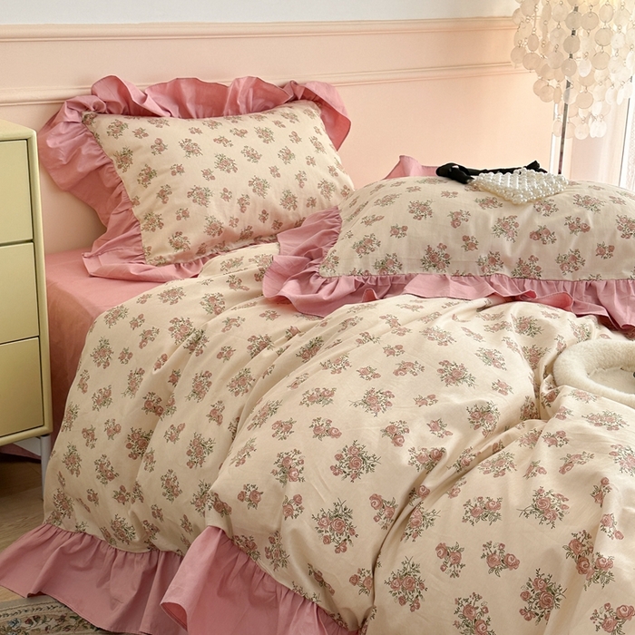 91家纺网 家纺一手货源 找家纺 昔可家纺 2023新款韩式大花边全棉四件套 蔷薇缇露