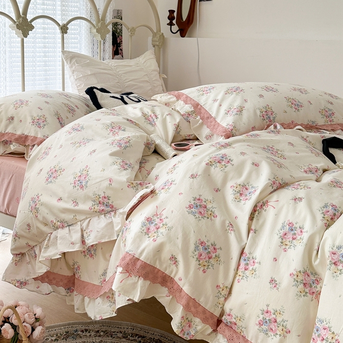 91家纺网 家纺一手货源 找家纺 昔可家纺 2023新款双层蕾丝花边款四件套 粉花簇