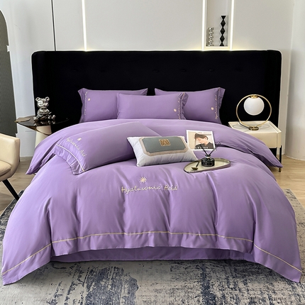 91家纺网 家纺一手货源 找家纺 （总）宇彬家纺 2024直播热爆新款13374全棉母婴级压线一字绣纯色刺绣四件套全棉贡缎新疆长绒字母款轻奢床上用品