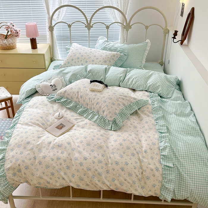 91家纺网 家纺一手货源 找家纺 昔可家纺 2023新款拼接花边款全棉四件套 蓝风眠谷