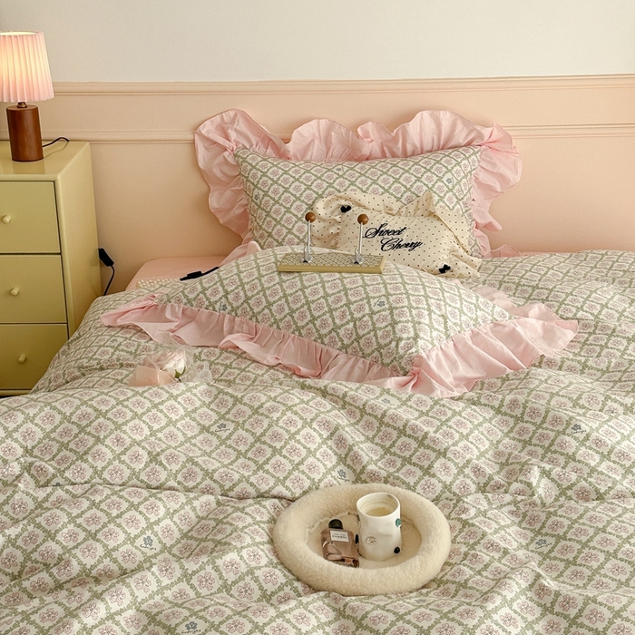 91家纺网 家纺一手货源 找家纺 昔可家纺 2023新款韩式大花边全棉四件套 樱花可可