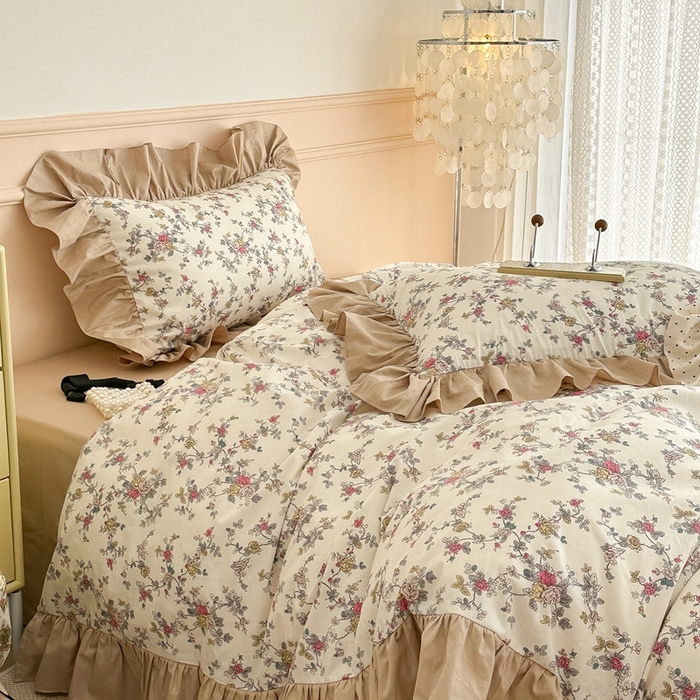 91家纺网 家纺一手货源 找家纺 昔可家纺 2023新款韩式大花边全棉四件套 月半花开