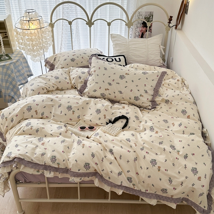 91家纺网 家纺一手货源 找家纺 昔可家纺 2023新款双层蕾丝花边款四件套 蓝莓熊