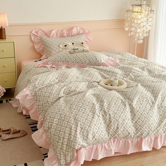 91家纺网 家纺一手货源 找家纺 昔可家纺 2023新款韩式大花边全棉四件套 樱花可可