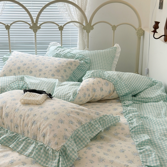 91家纺网 家纺一手货源 找家纺 昔可家纺 2023新款拼接花边款全棉四件套 蓝风眠谷