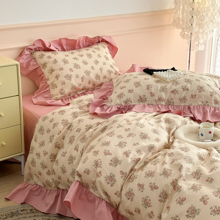 91家纺网 家纺一手货源 找家纺 昔可家纺 2023新款韩式大花边全棉四件套 蔷薇缇露