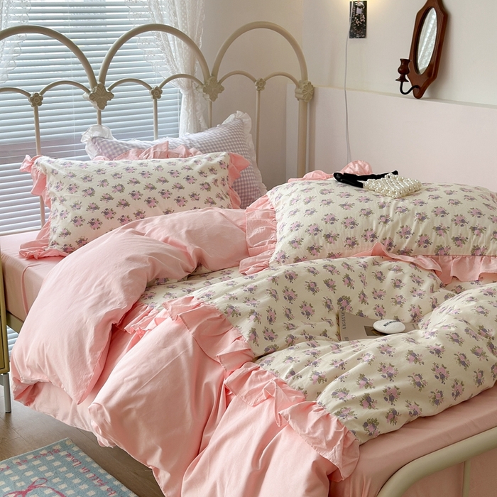 91家纺网 家纺一手货源 找家纺 昔可家纺 2023新款拼接花边款全棉四件套 花神秘境