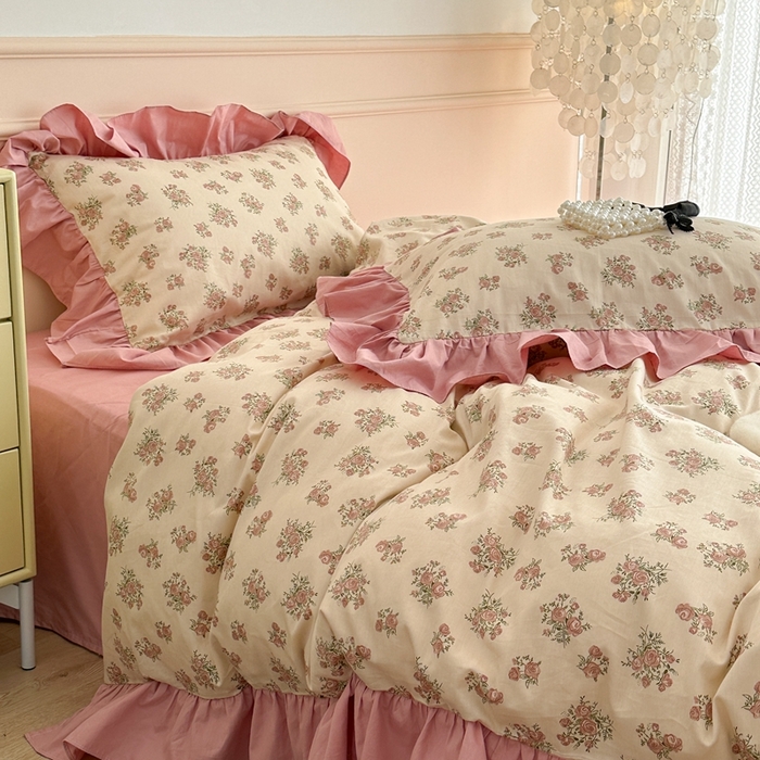 91家纺网 家纺一手货源 找家纺 昔可家纺 2023新款韩式大花边全棉四件套 蔷薇缇露