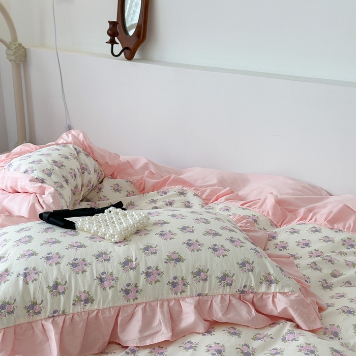 91家纺网 家纺一手货源 找家纺 昔可家纺 2023新款拼接花边款全棉四件套 花神秘境