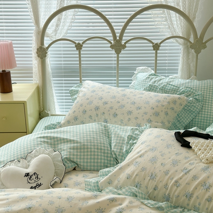 91家纺网 家纺一手货源 找家纺 昔可家纺 2023新款拼接花边款全棉四件套 蓝风眠谷