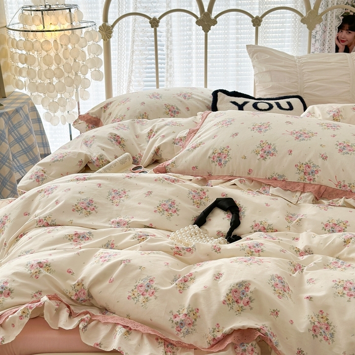 91家纺网 家纺一手货源 找家纺 昔可家纺 2023新款双层蕾丝花边款四件套 粉花簇