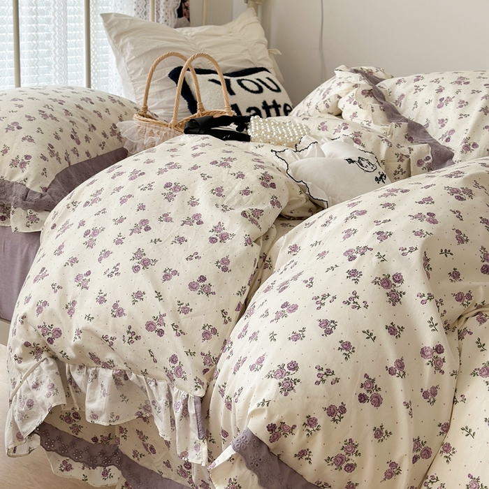 91家纺网 家纺一手货源 找家纺 昔可家纺 2023新款双层蕾丝花边款四件套 紫色小玫瑰