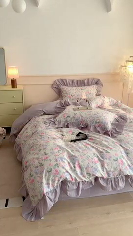 91家纺网 家纺一手货源 找家纺 昔可家纺 2023新款韩式大花边全棉四件套 浪漫柳花