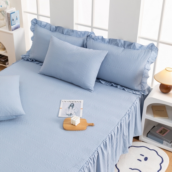 91家纺网 家纺一手货源 找家纺 紫碧螺 2023新款水洗棉麻韩版印花绗缝双面床裙 床裙-蓝