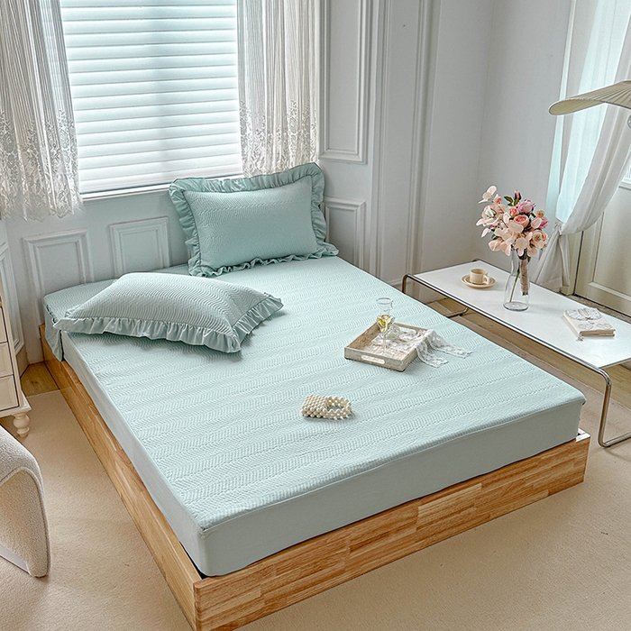 91家纺网 家纺一手货源 找家纺 紫碧螺家纺 2023新款暗提花水洗棉麻绗绣款双面印花床笠 床笠-绿 