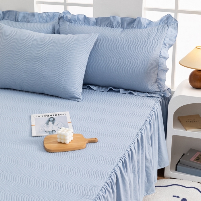 91家纺网 家纺一手货源 找家纺 紫碧螺 2023新款水洗棉麻韩版印花绗缝双面床裙 床裙-蓝