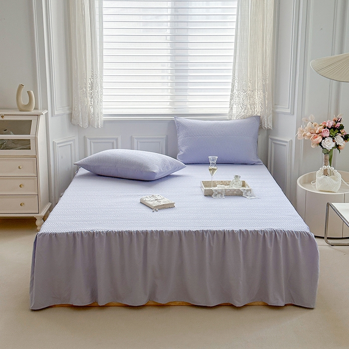 91家纺网 家纺一手货源 找家纺 紫碧螺 2023新款水洗棉麻韩版印花绗缝双面床裙 床裙-紫