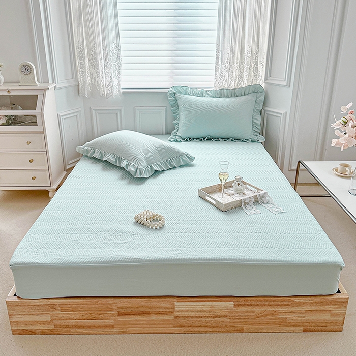 91家纺网 家纺一手货源 找家纺 紫碧螺家纺 2023新款暗提花水洗棉麻绗绣款双面印花床笠 床笠-绿 