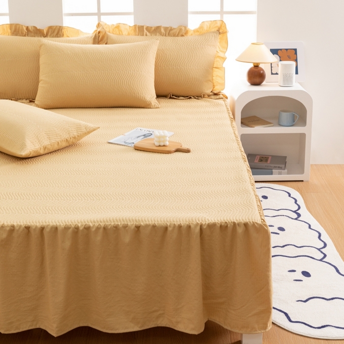 91家纺网 家纺一手货源 找家纺 紫碧螺 2023新款水洗棉麻韩版印花绗缝双面床裙 床裙-黄