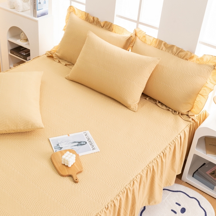 91家纺网 家纺一手货源 找家纺 紫碧螺 2023新款水洗棉麻韩版印花绗缝双面床裙 床裙-黄