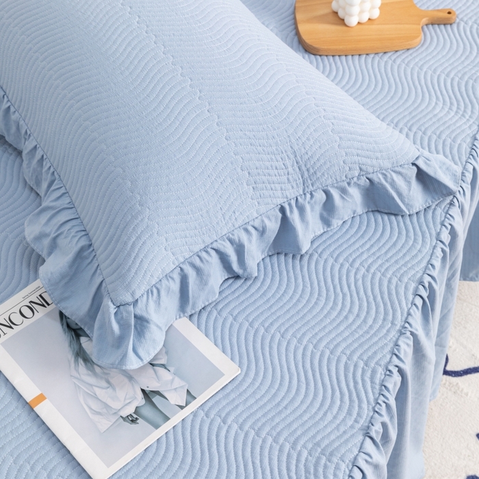 91家纺网 家纺一手货源 找家纺 紫碧螺 2023新款水洗棉麻韩版印花绗缝双面床裙 床裙-蓝