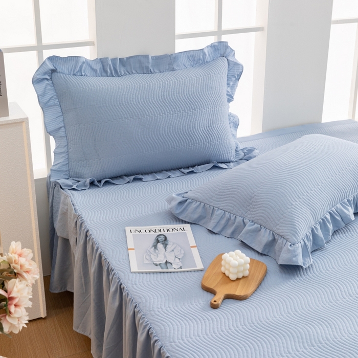 91家纺网 家纺一手货源 找家纺 紫碧螺 2023新款水洗棉麻韩版印花绗缝双面床裙 床裙-蓝