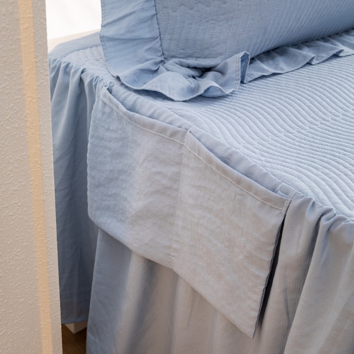 91家纺网 家纺一手货源 找家纺 紫碧螺 2023新款水洗棉麻韩版印花绗缝双面床裙 床裙-蓝