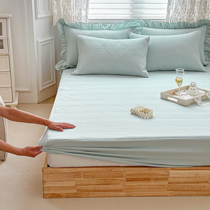 91家纺网 家纺一手货源 找家纺 紫碧螺家纺 2023新款暗提花水洗棉麻绗绣款双面印花床笠 床笠-绿 