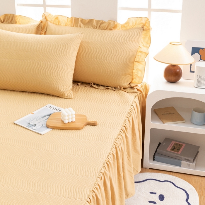 91家纺网 家纺一手货源 找家纺 紫碧螺 2023新款水洗棉麻韩版印花绗缝双面床裙 床裙-黄