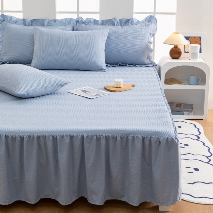 91家纺网 家纺一手货源 找家纺 紫碧螺 2023新款水洗棉麻韩版印花绗缝双面床裙 床裙-蓝