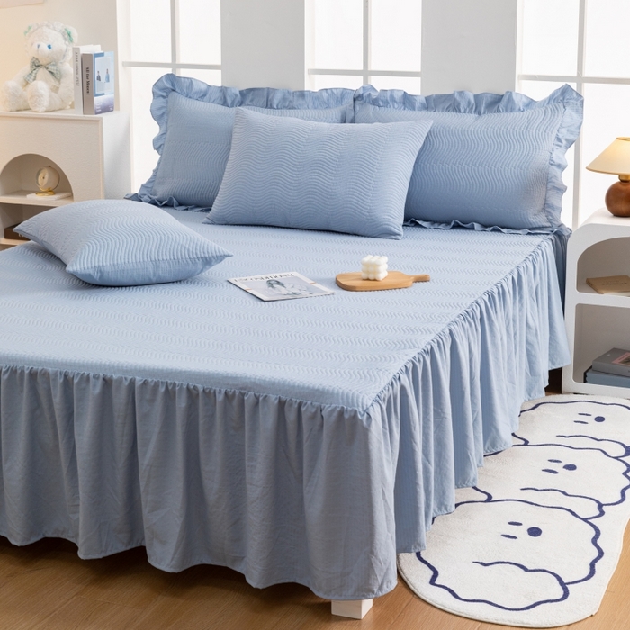 91家纺网 家纺一手货源 找家纺 紫碧螺 2023新款水洗棉麻韩版印花绗缝双面床裙 床裙-蓝